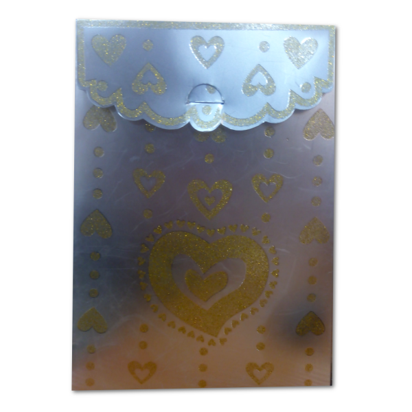 Коробка (пакет) пакувальна трапецієподібна з ручками та глітером срібна 9003 389615