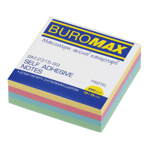 Блок для нотаток з клейким шаром 75х75 мм, 250 аркушів, пастель BM.2315-99