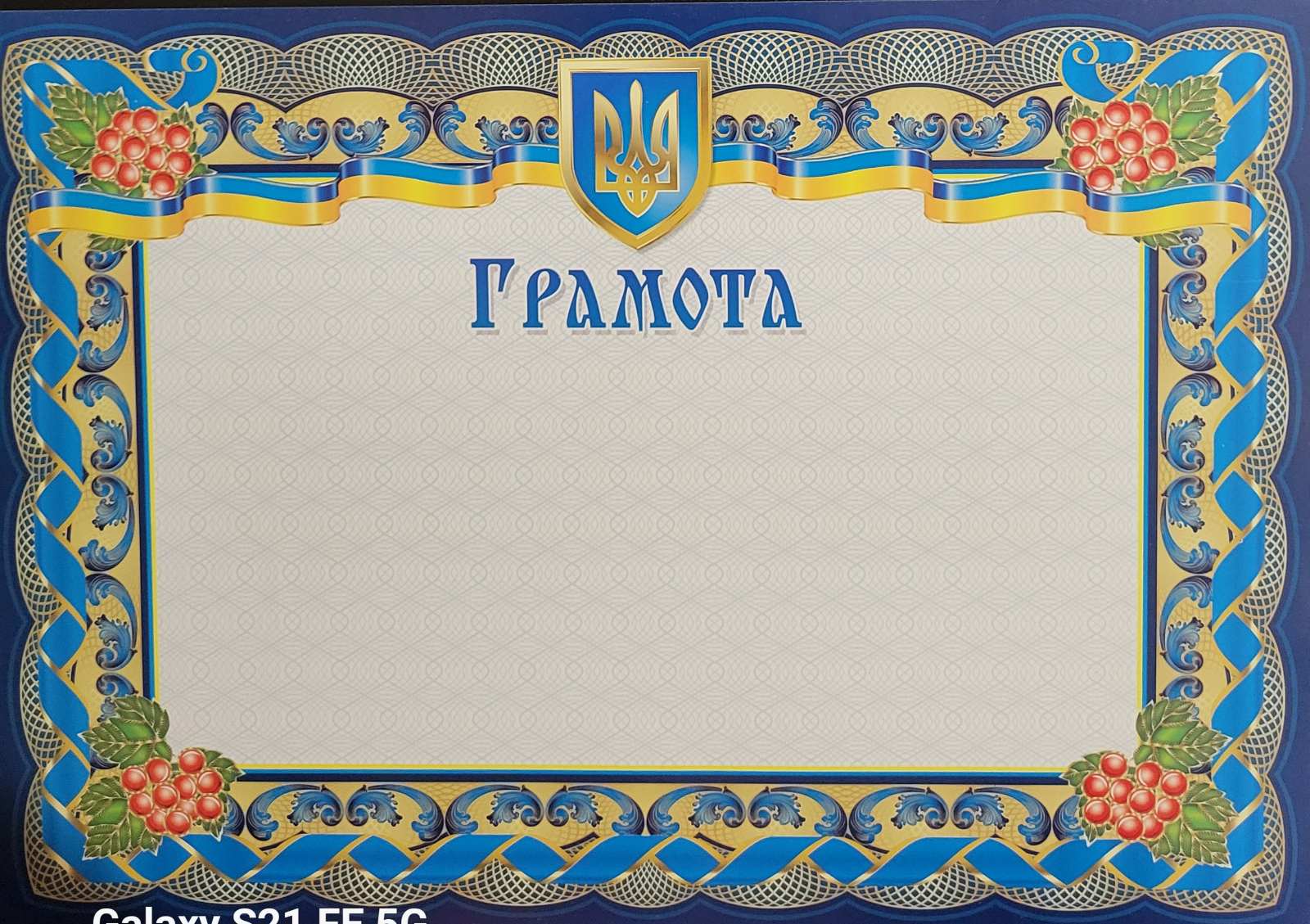 Грамота А4 №17  Синьо-жовта  рамка з тризубом горизонтальна