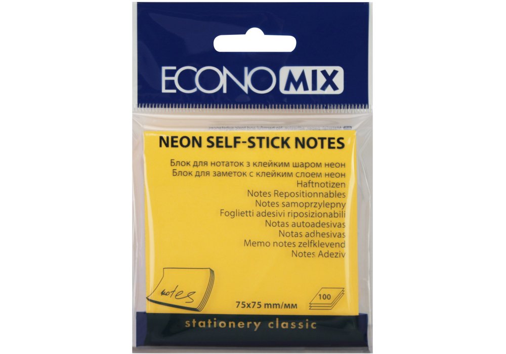 Блок для нотаток з клейким шаром 75*75мм Economix E20944-06, 100арк., неон помаранчевий