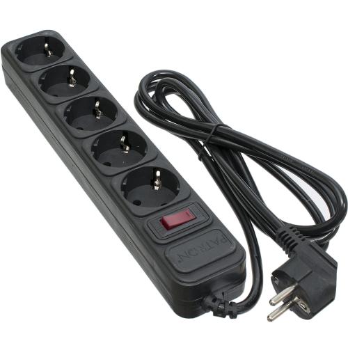 Фільтр мережевий 1.8 м, Patron, Black, 5 розеток, 16А, до 3.5 кВт, вимикач, заземлення (SP-1652)