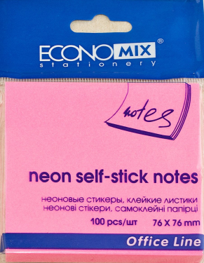 Блок для нотаток з клейким шаром 75*75мм 100арк. Economix E20944-09 рожевий неон