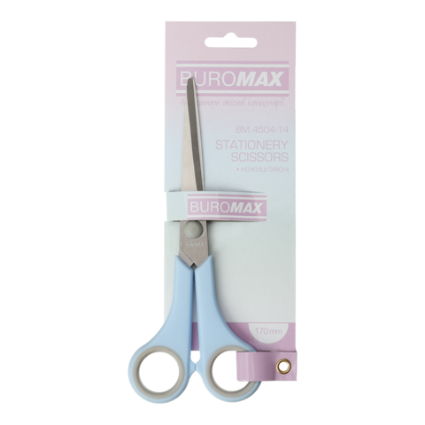 Ножиці PASTEL , 170мм, круглі ручки, блакитні з сірими гумовими вставками