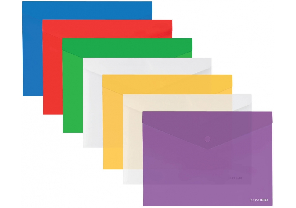 Папка-конверт А3 прозора на кнопці Economix E31317, 180 мкм, фактура "глянець", асорті