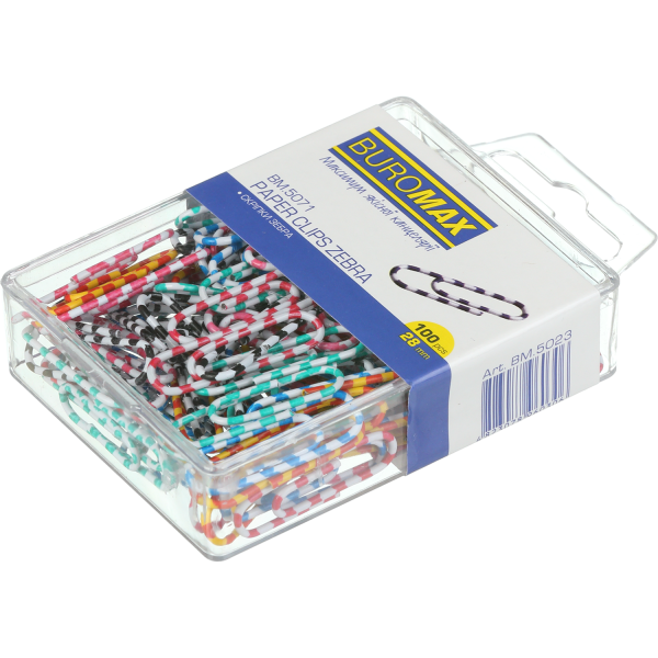 Скріпки кольорові  "зебра", 28мм, 100 шт., пласт.контейнер BM.5071