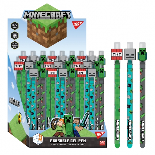 Ручка гелевая пиши-стирай  YES Minecraft синя, 420378