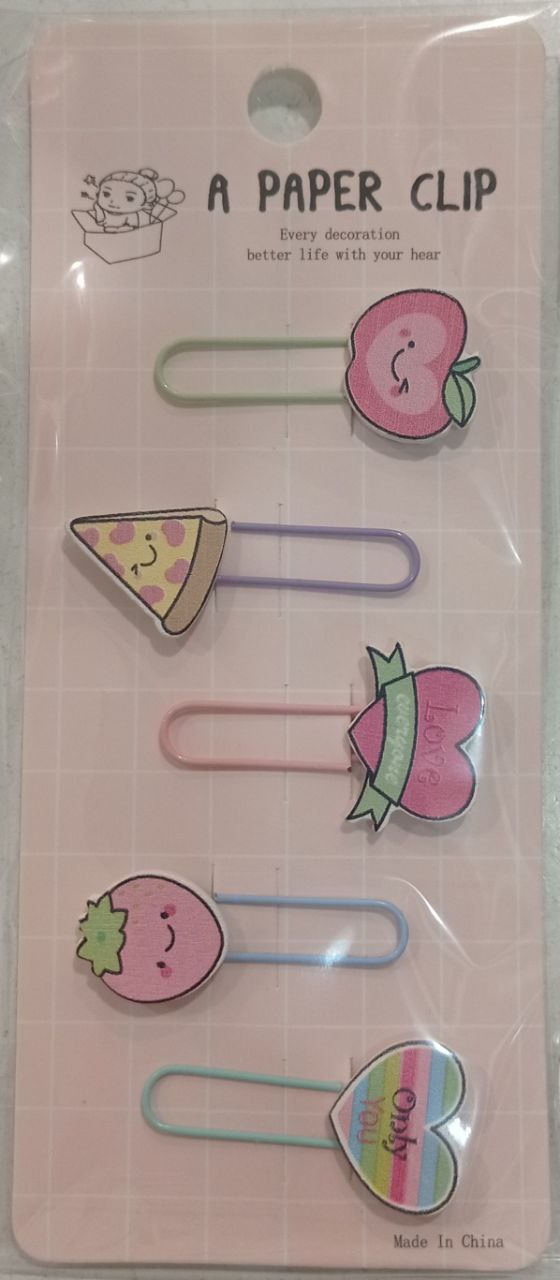 Закладки-скріпки з дерев'яним декором 5шт. Серця та піца 13557