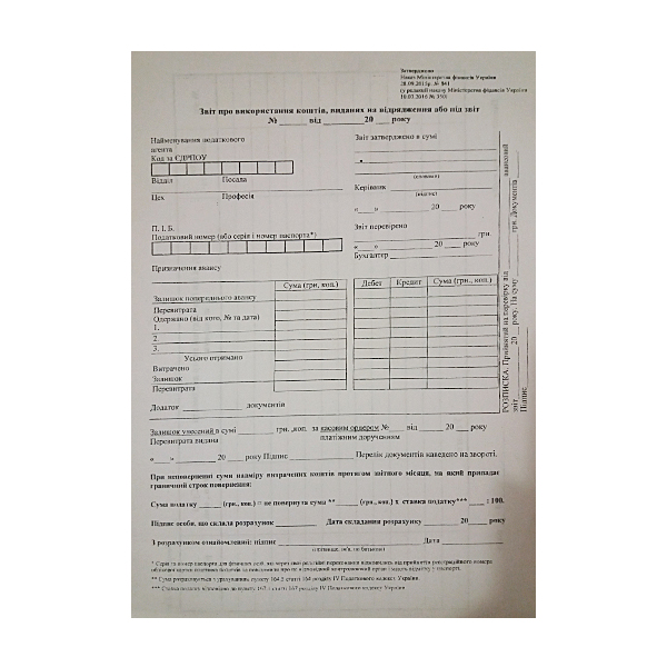 Бланк Звіт про грошові кошти вертикальний