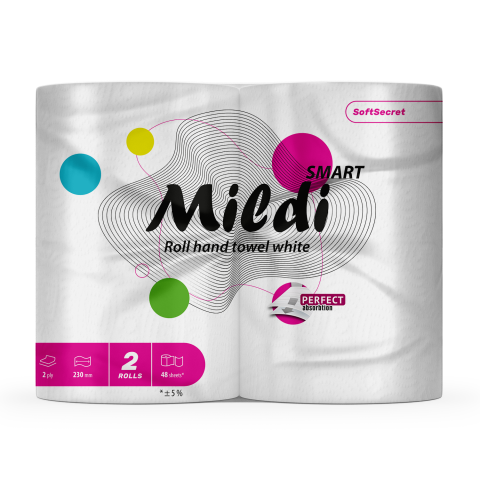 Рушники целюлозні "Mildi Smart", по 2 рулони, на гільзі, 2-х шар., білі КОХАВИНКА