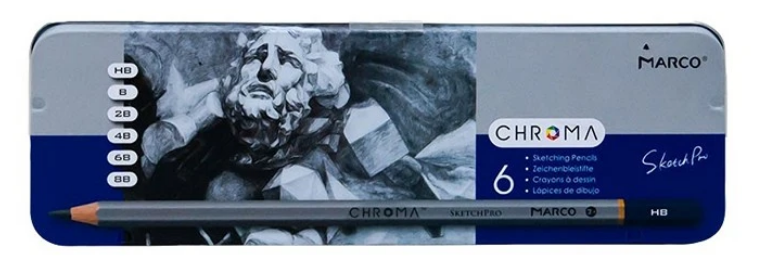 Набір олівців граф. 6 шт. HB, B, 2B, 4B, 6B, 8B шестигран. в метал. пеналі Chroma, Marco 1015-6TN