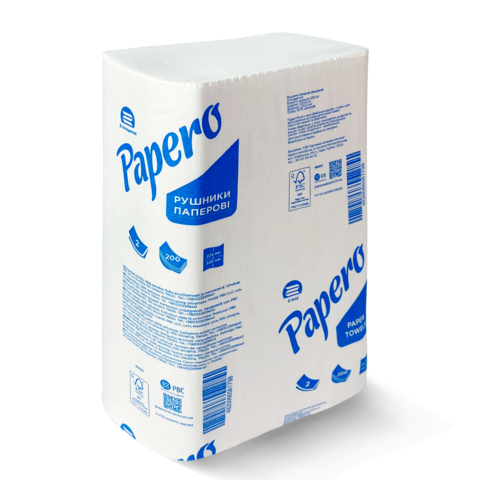 Рушники паперові целюлозні Z-подібні 22.5х22 см, 200 листів, 2-х шар., білий PAPERO