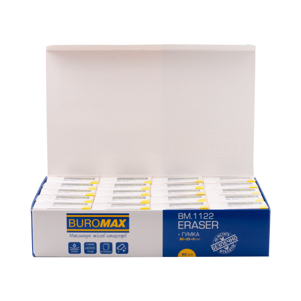 Гумка 1122, прямокутна, 50x23x9 мм, м'який пластик, в інд. папер. обгортці, біла