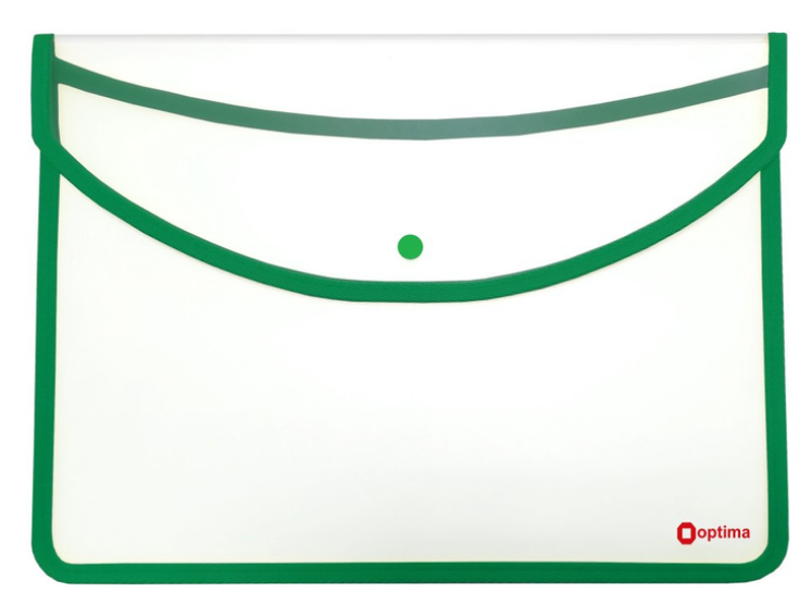Папка-конверт А4+ на кнопці, прозора, Optima, 500 мкм, зелений кант  O35255