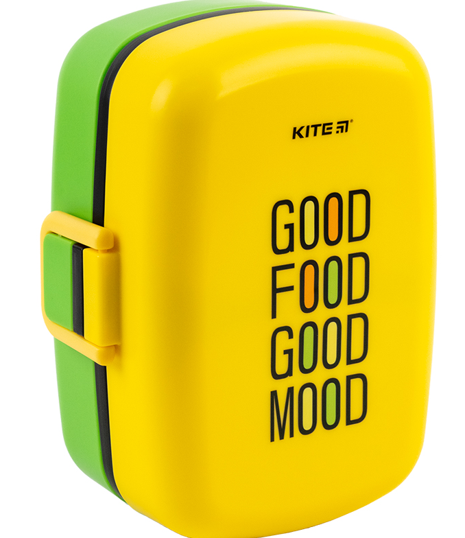 Ланчбокс для їжі. Виготовлений з харчового пластику. Розділений на два відділи, має 2 додатковій ємності, доповнений столовим приладдям. Об'єм 1150 мл. K23-180-4