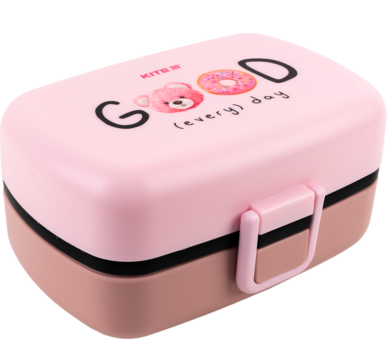 Ланчбокс для їжі. Виготовлений з харчового пластику. Розділений на два відділи, має 2 додатковій ємності, доповнений столовим приладдям. Об'єм 1150 мл. K23-180-1