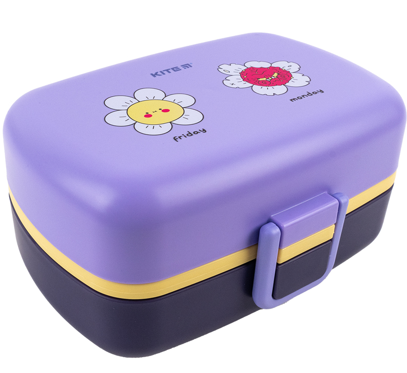 Ланчбокс для їжі. Виготовлений з харчового пластику. Розділений на два відділи, має 2 додатковій ємності, доповнений столовим приладдям. Об'єм 1150 мл. K23-180-2