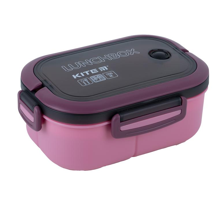 Ланчбокс для їжі. Виготовлений з харчового пластику. Основа розділена на 3 відділення, має додатковий розділювач-тарілку, доповнений столовим приладдям. Об'єм 1200 мл. K23-184-3