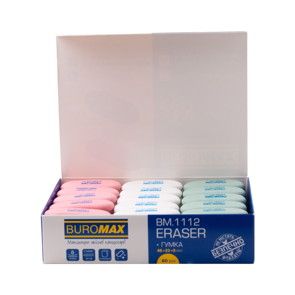 Гумка 1112, овальна, 49x23x9 мм, синт.каучук, асорті кольорів