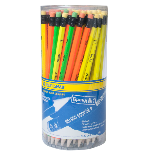 Олівець графітовий NEON НВ, неоновий, з гумкою, туба BM.8520