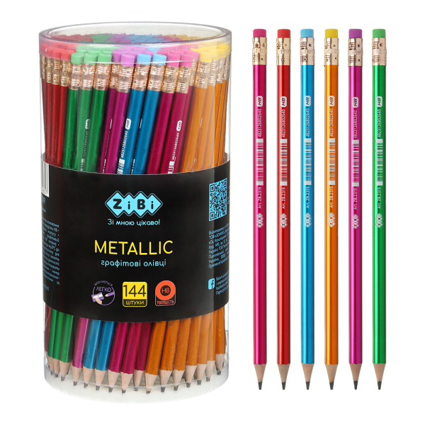 Олівець графітовий HB, METALLIC, пластиковий, з гумкою, туба - 144 шт