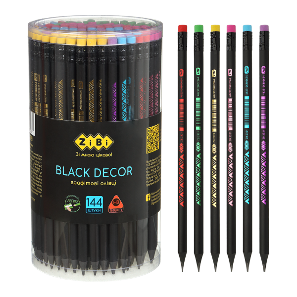 Олівець графітовий HB,  BLACK DECOR, пластиковий, триграний, з гумкою, туба - 144 шт ZB.2321