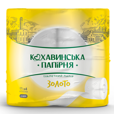 Папір туалетний целюлозний "Золото", по 4 рул., на гільзі, 4-х шар., білий КОХАВИНКА