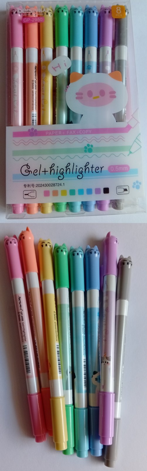 Набір ручок гелевих кольорових + текстовиділювач, 8шт