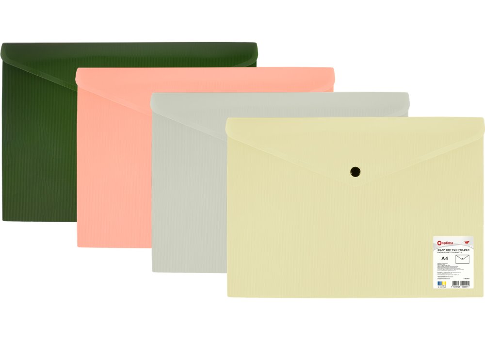 Папка-конверт на кнопці, непрозора, А4, OPTIMA, 180 мкм, фактура "СМУГА", асорті  O35261