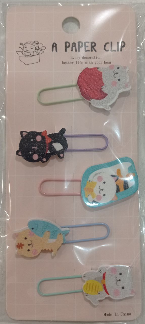 Закладки-скріпки з дерев'яним декором 5шт. Котики 13558