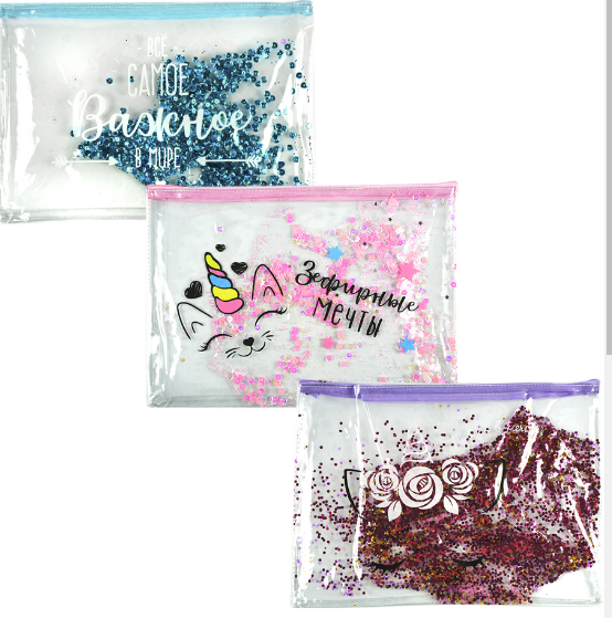 Тека на блискавці А4 з прозорого ПВХ з розсипаються паєтками, 23 * 32,5см 8749