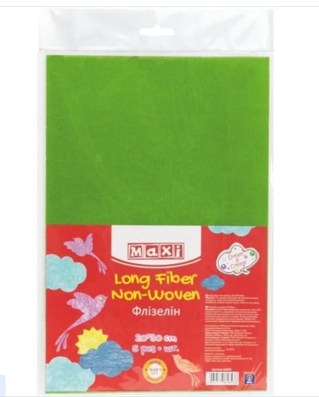 Флізелін листовий, 20*30 см, 30±1 г/м2, 5 аркушів. Насичений салатовий. MX61839