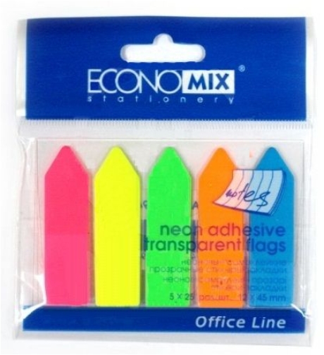 Закладки з клейким шаром "Стрілки" 12х45 мм Economix E20946, 125шт., пластикові напівпрозорі, 5 неонових кольорів