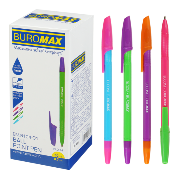 Ручка кулькова BLOOM, 0.7мм.  ассорті корпусів, сині чорнила BM.8124-01