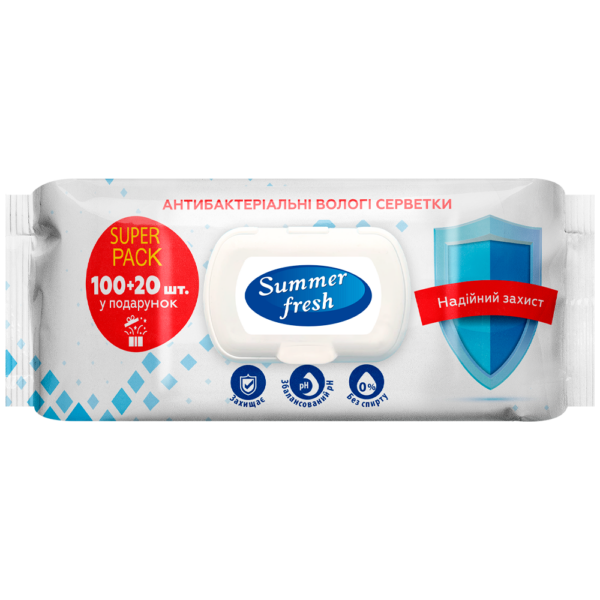 Серветки вологі антибактеріальні, 120шт., Summer Fresh san.91769
