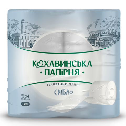 Папір туалетний целюлозний "Срібло", по 4 рул., на гільзі, 3-х шар., білий КОХАВИНКА