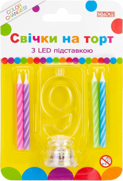 Набір  4 свічки на торт з LED підставкою "9", що світиться MX701007-9