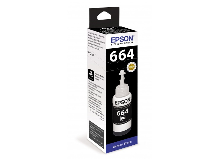 Чорнило Epson T664, Black, для L100/110/120/1300/132/200/210/222/300/312/350/355/362/364/366/382/386/456/486/550/555/566, L3050/3060/3070, 70 мл, OEM (C13T66414A)
