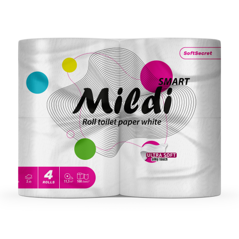 Папір туалетний целюлозний "Mildi Smart", по 4 рулони, на гільзі, 2-х шар., білий КОХАВИНКА