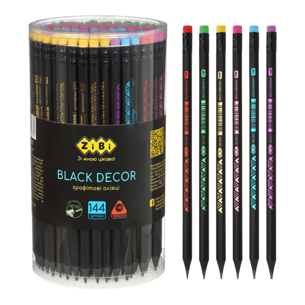 Олівець графітовий HB,  BLACK DECOR, пластиковий, триграний, з гумкою, туба - 144 шт ZB.2321