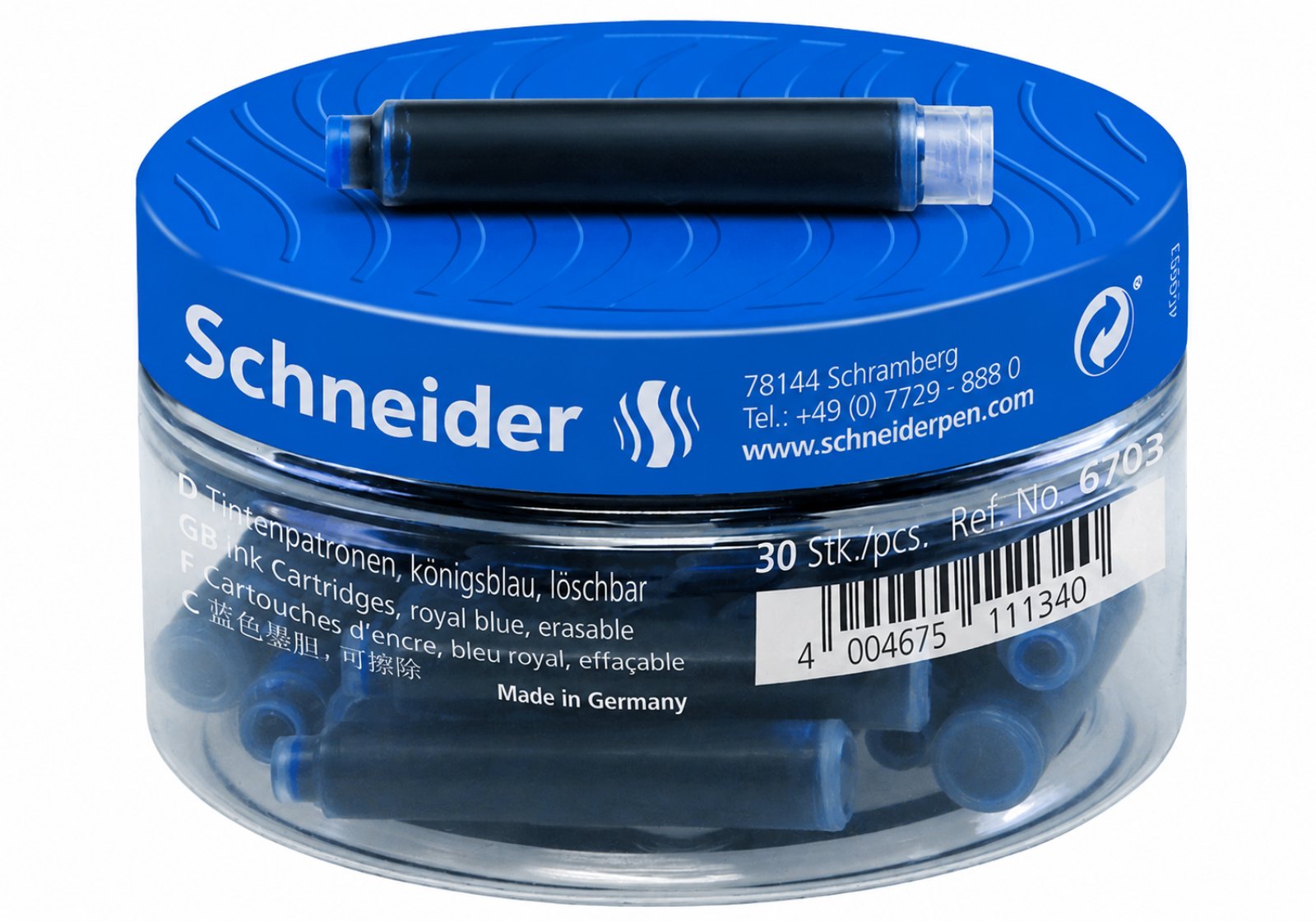 Патрон чорнильний до перової ручки SCHNEIDER за 1 шт, сині S6703