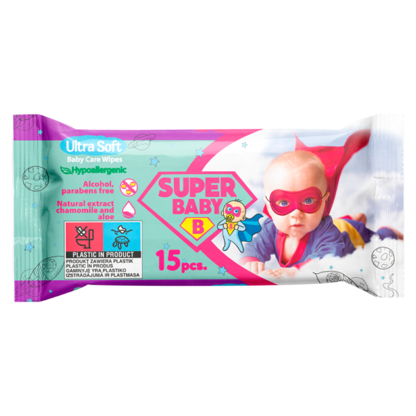 Серветки вологі SuperPack fresh, ромашка та алоє, 15шт., Super Baby san.91035